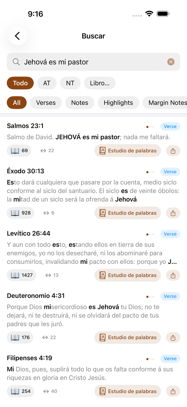 Search results for 'Jehová es mi pastor' in the Reina-Valera 1909 Spanish Bible, with Psalm 23:1 as the top hit