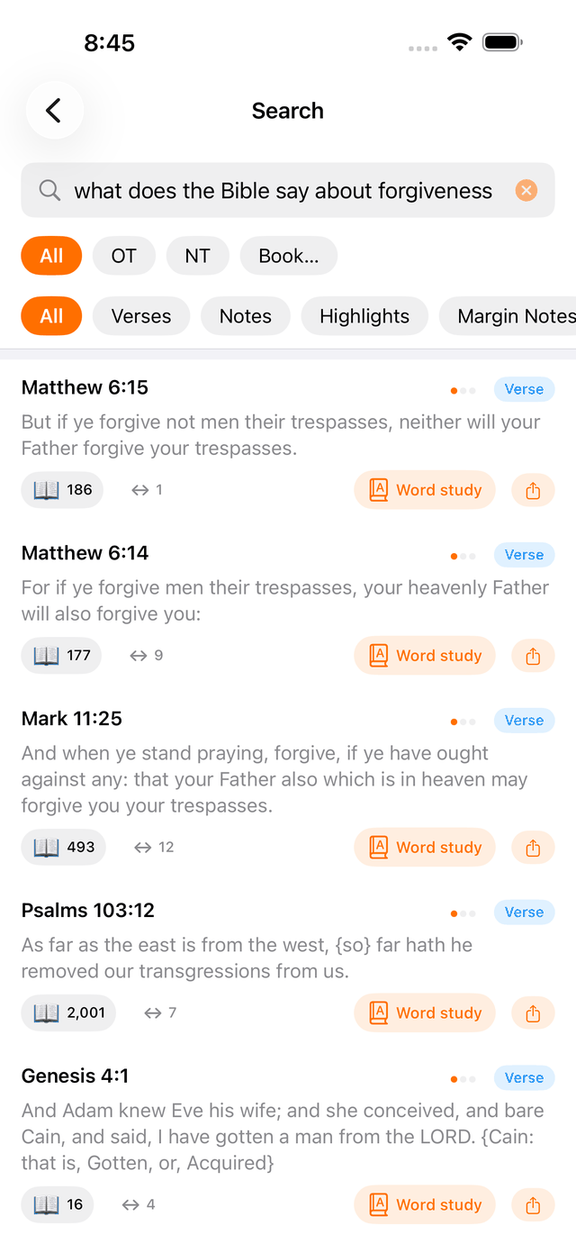 Search results for the question 'what does the Bible say about forgiveness' in the KJV