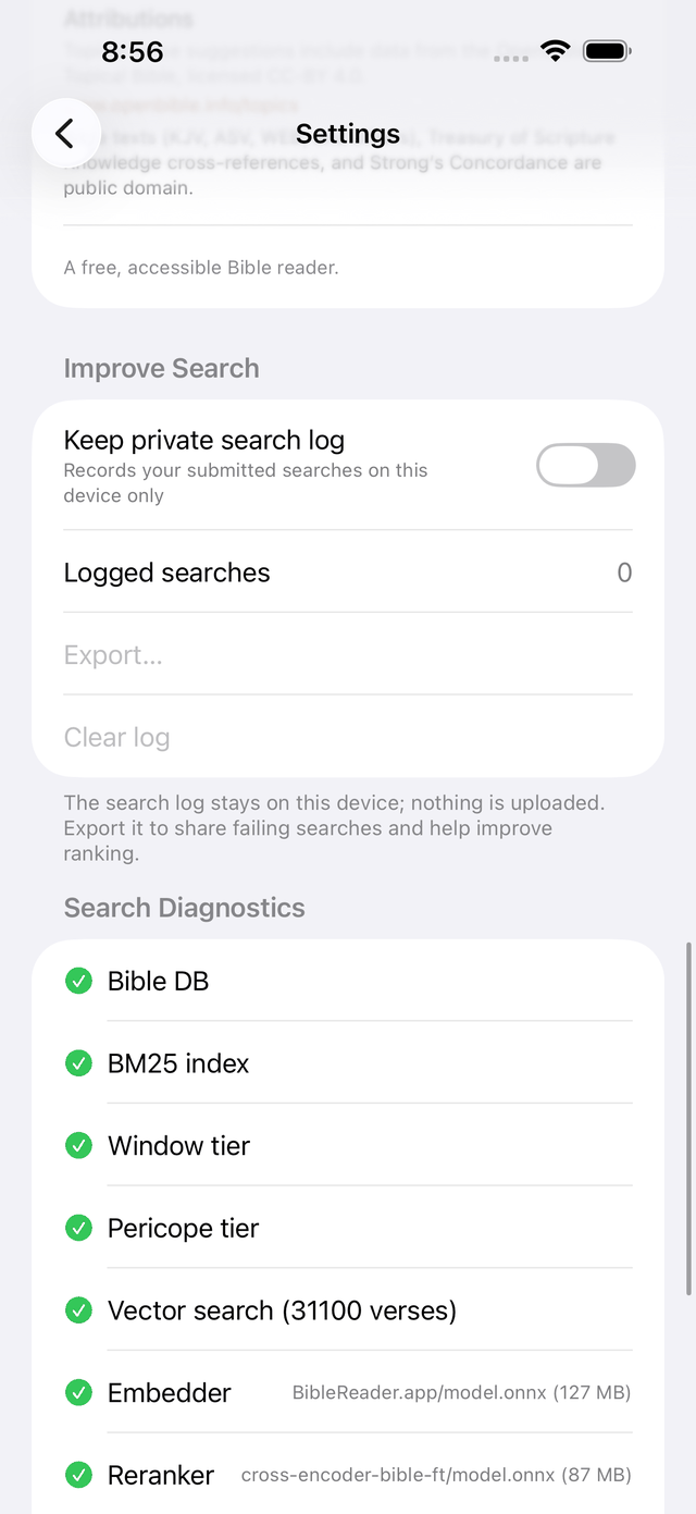 Settings: the opt-in, local-only search log