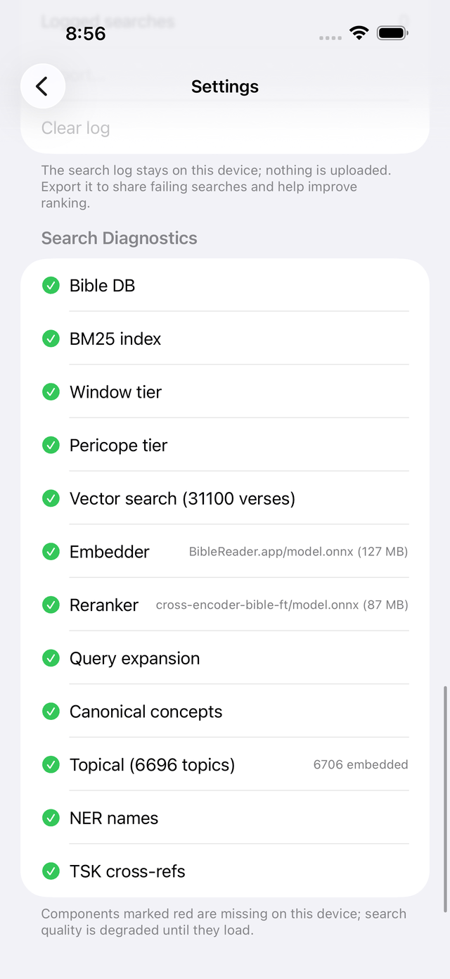Settings: Search Diagnostics showing every search component loaded and green