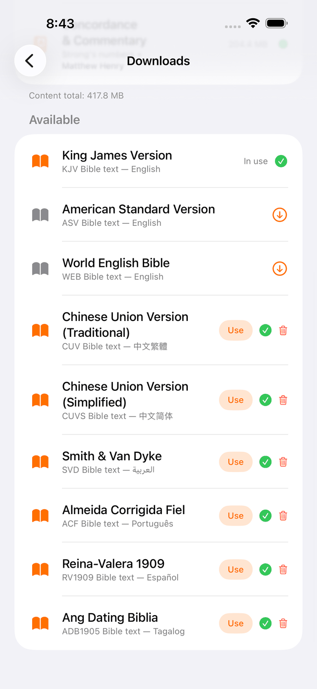 Downloads screen with installed and available translations