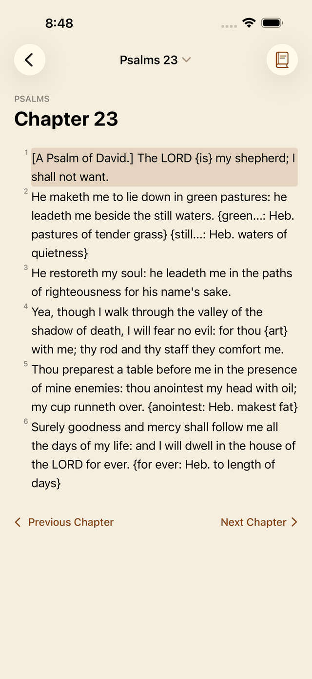 Psalm 23:1 highlighted after tapping a search result