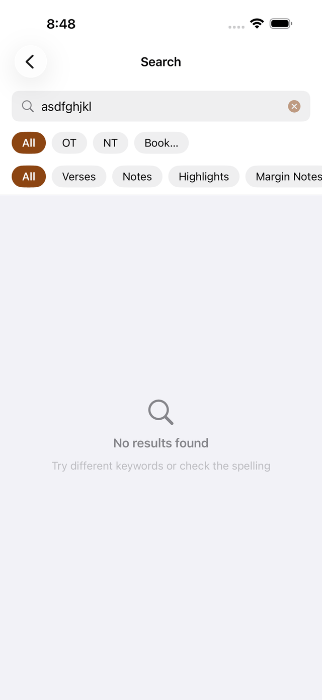 An honest empty state: no results found for a nonsense query