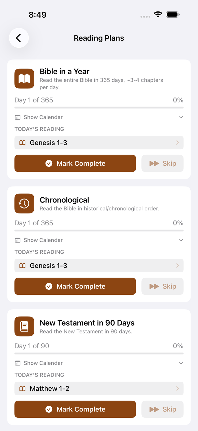 Reading plans screen